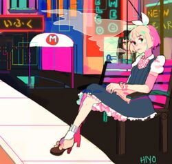  animated animated aqua_eyes blonde_hair bow breasts commentary dress english_commentary female hairbow highres looking_at_viewer neon_lights original road routexx short_hair short_sleeves sidewalk small_breasts smoke smoking socks solo street white_bow white_socks 