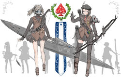  2girls ankle_holster armband arrow_(projectile) asymmetrical_legwear bad_id bad_pixiv_id bandolier bare_legs beret black_hair black_legwear blue_eyes blush_stickers bob_cut bow_(weapon) brown_hair crest double-blade explosive fingerless_gloves gas_mask gloves grenade gun hakuaki handgun hat hat_feather headset holster huge_weapon knife kunai loose_socks machete mask milizian! mismatched_legwear multiple_girls necktie original over_shoulder polearm quiver ribbed_sweater short_hair silhouette skirt socks sweater throwing_knife turtleneck unworn_mask weapon weapon_over_shoulder 