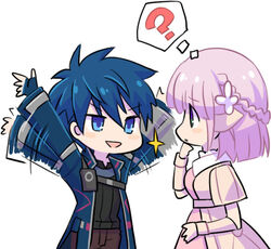  1boy :d ? afterimage artist_request black_shirt blue_coat blue_eyes blue_gloves blue_hair braid coat dark_blue_hair dress female fidel_camuze fingerless_gloves flower gloves hair_flower hair_ornament looking_at_another messy_hair miki_sauvester no_nose official_art open_mouth pink_dress pink_hair shirt short_hair smile star_ocean star_ocean_integrity_and_faithlessness waving_arms 