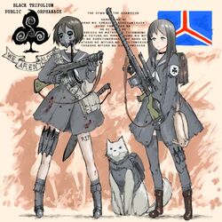  2girls armband backpack bag bandolier battle_rifle black_hair black_legwear blue_eyes blush_stickers boots brown_hair canine choker commentary_request crest fingerless_gloves flag gas_mask gloves gun hakuaki holster knife long_hair machete mask milizian! motto multiple_girls original rabbit rifle scabbard school_uniform scope serafuku sheath short_hair sniper_rifle socks tattoo thigh_holster thighhighs throwing_knife weapon 