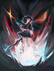  commentary_request female kill_la_kill matoi_ryuuko multicolored_hair photoshop_(medium) school_uniform scissor_blade_(kill_la_kill) senketsu simonori suspenders sword weapon 