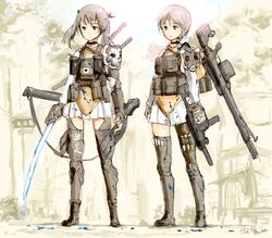  2girls armor backpack bad_id bad_pixiv_id bag blush_stickers boots brown_eyes brown_hair choker fingerless_gloves gloves greaves gun hakuaki holster knee_pads load_bearing_vest mask milizian! multiple_girls original over_shoulder paint_splatter pouch rifle scabbard sheath short_hair short_twintails sniper_rifle submachine_gun sword thigh_holster thighhighs twintails unsheathed unworn_mask weapon weapon_over_shoulder 