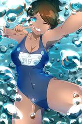  ;) absurdres air_bubble asahina_aoi ass_visible_through_thighs bare_arms bare_shoulders blue_eyes blue_one-piece_swimsuit breasts brown_hair bubble chii_in_baru_saba cleavage collarbone commentary_request covered_navel cowboy_shot danganronpa:_trigger_happy_havoc danganronpa_(series) dark-skinned_female dark_skin female foreshortening freediving grin hair_ornament hairclip hand_up highres holding_breath looking_at_viewer name_tag one-piece_swimsuit one_eye_closed outstretched_arm reaching reaching_towards_viewer school_swimsuit selfie smile solo swept_bangs swimsuit underwater v water 