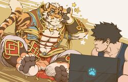  anthro big_muscles computer countershading duo electronics eyewear feet felid glasses hi_res human laptop lin_hu male mammal muscular nekojishi pantherine paws sitting star studio_klondike tian-liao_lin tiger tigerlukke toes 