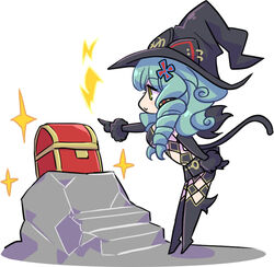  argyle_clothes argyle_cutout argyle_legwear artist_request black_footwear black_gloves black_hat boots cat_tail clothing_cutout elbow_gloves female fiore_brunelli full_body gloves green_eyes green_hair hat knee_boots long_hair official_art pointing profile ringlets smile solo standing star_ocean star_ocean_integrity_and_faithlessness tail treasure_chest witch_hat 