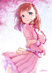  belt blue_eyes blush bow brown_hair buttons chains cherry_blossoms chiyosuke_(nosuke21) commentary corsage cowboy_shot crossed_arms dress female flower flower_ornament gold_chain hairband hairbow heart_belt highres idolmaster idolmaster_cinderella_girls idolmaster_cinderella_girls_starlight_stage jewelry kira!_mankai_smile_(idolmaster) long_sleeves looking_at_viewer parted_lips petals pink_dress ribbon sakuma_mayu sleeve_cuffs solo twitter_username 