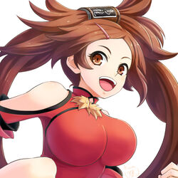  bare_shoulders breasts brown_eyes brown_hair can chinese_clothes commentary_request female guilty_gear hair_ornament hair_rings hairclip kuradoberi_jam kuroa_(kuroan) large_breasts looking_at_viewer open_mouth photoshop_(medium) signature simple_background smile solo upper_body white_background 