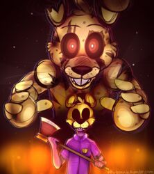  animatronic anthro axe duo five_nights_at_freddy&#039;s five_nights_at_freddy&#039;s_3 glowing glowing_eyes hi_res human machine male mammal melee_weapon purple_man_(fnaf) robot scottgames springtrap_(fnaf) toy-bonnie weapon william_afton_(fnaf) 