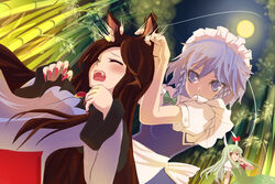  3girls :&lt; animal_ears apron bad_id bad_pixiv_id bamboo bamboo_forest blue_eyes bow braid brooch brown_hair closed_eyes covering_own_mouth dress dutch_angle eargasm ex-keine fingernails forest full_moon grabbing_another&#039;s_ear green_hair grey_hair hairbow hand_in_own_hair hand_on_another&#039;s_ear horn_ornament horn_ribbon horns imaizumi_kagerou izayoi_sakuya jewelry kamishirasawa_keine layered_dress leaf leaning_back light_particles light_trail long_fingernails long_hair long_sleeves looking_at_another maid_headdress moon motion_lines multiple_girls nature night night_sky oerba_yun_fang open_mouth playing_with_another&#039;s_ears purua_(eriusandvioletta) red_eyes ribbon sharp_fingernails short_hair short_sleeves sky touhou twin_braids uncommon_stimulation waist_apron wolf_ears yuri 