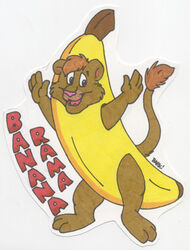  anthro azadeth banana banana_costume clothing con_badge costume felid food food_costume fruit fruit_costume lion low_res male mammal pantherine plant simple_background solo 