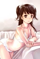  bad_id bad_pixiv_id bed_sheet black_hair bow bra breasts brown_eyes cleavage collarbone female hairbow long_hair looking_at_viewer original panties pvmivs small_breasts solo two_side_up underwear underwear_only white_bow white_bra white_panties 