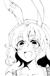  :d absurdres animal_ears blush collarbone commentary_request earclip female frills greyscale hair_between_eyes halftone highres kurokan_(kokkyou_oudan) long_hair looking_at_viewer monochrome open_mouth portrait rabbit_ears seiran_(touhou) simple_background smile solo spaghetti_strap tareme touhou 