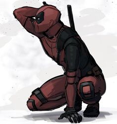  1boy commentary deadpool deadpool_(movie) deadpool_(series) deadpool_2 from_side full_body highres holding holding_weapon male_focus marvel mask simple_background solo weapon white_background yamashichi_(mtseven) 