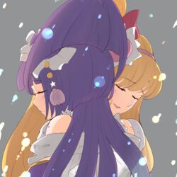  2girls asahina_mirai ayatori_(sensei_heroism) blonde_hair closed_eyes commentary_request cure_magical cure_miracle hat hug izayoi_liko long_hair magical_girl mahou_girls_precure! mini_hat mini_witch_hat multiple_girls precure purple_hair witch_hat 