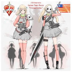  2girls ankle_holster blonde_hair blue_eyes bulletproof_vest combat_knife commentary_request crest fingerless_gloves flag gas_mask gloves gun hakuaki handgun holster huge_weapon kneehighs knife long_hair mask military milizian! motto multiple_girls original over_shoulder pink_legwear sheath sheathed short_hair short_twintails shoulder_pads skirt socks submachine_gun sword sword_over_shoulder tattoo thigh_strap thighhighs twintails unworn_mask weapon weapon_over_shoulder 