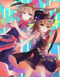  2girls absurdres alice_margatroid apron blonde_hair blue_eyes braid broom capelet commentary_request dress hair_ribbon hat highres ijen_(ljenejl) kirisame_marisa multiple_girls pennant ribbon single_braid smile touhou witch_hat yellow_eyes 