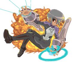  bodysuit brown_eyes cyberconnect explosion jutah male_focus silent_bomber silver_hair solo yashiroku 