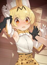  2girls :o animal_ears animal_print arm_up armpits bare_shoulders belt black_belt black_gloves blonde_hair blush bow bowtie commentary_request cross-laced_clothes elbow_gloves extra_ears female_pov floor gloves hair_between_eyes high-waist_skirt highres holding_another&#039;s_wrist indoors jpeg_artifacts kaban_(kemono_friends) kemono_friends looking_at_viewer lying multiple_girls open_mouth orange_eyes pov print_bow print_bowtie print_gloves print_skirt serval_(kemono_friends) serval_print shadow shirt short_hair skinny skirt sleeveless sleeveless_shirt sweat tareme white_shirt wooden_floor yamadori_seika yuri 