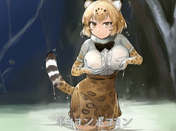  aimitsu_(ibityuttyu) animal_ears blonde_hair bow bowtie breast_lift breasts center_frills commentary_request cowboy_shot dripping elbow_gloves female frills fur_collar gloves jaguar_(kemono_friends) jaguar_ears jaguar_print jaguar_tail kemono_friends large_breasts looking_at_viewer parody shirt short_hair skirt smile solo tail thighhighs translation_request tree wading water wet wet_clothes wet_hair wet_shirt wet_skirt yellow_eyes zettai_ryouiki 