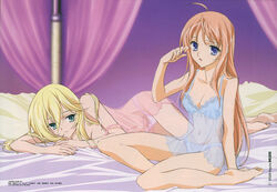  2girls :o adjusting_hair ahoge arm_support barefoot bed_sheet blonde_hair blue_eyes blue_panties blush bow bow_panties breasts chemise cleavage clenched_hand copyright_name curtains feet green_eyes hair_between_eyes hair_over_breasts highres indoors kyoushirou_to_towa_no_sora lace legs lingerie long_hair long_legs lying medium_breasts megami_magazine multiple_girls navel negligee official_art on_side open_mouth orange_hair panties parted_lips photoshop_(medium) pillow purple_panties scan see-through setsuna_(kyoushirou_to_towa_no_sora) shiratori_kuu sidelocks sitting soles strap_slip underwear very_long_hair yanagisawa_tetsuya 