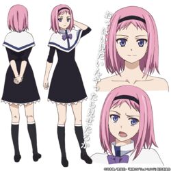  female female gokukoku_no_brynhildr kazumi_schlierenzauer looking_at_viewer multiple_persona pink_hair purple_eyes school_uniform short_hair smile solo turnaround 