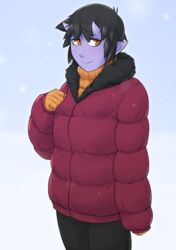  black_hair colored_skin commentary down_jacket female fur_trim gloves highres horns ittla jacket looking_at_viewer monster_girl oni orange_eyes orange_gloves orange_sweater original pointy_ears purple_skin ribbed_sweater short_hair skin-covered_horns slit_pupils smile solo sweater turtleneck turtleneck_sweater ume_(ittla) winter_clothes 