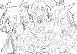  3girls absurdres blush boots brooch choker commentary_request cure_beat cure_melody cure_rhythm dory electric_guitar fary greyscale guitar heart highres houjou_hibiki hummy_(suite_precure) instrument jewelry kurokawa_eren lary line_art long_hair looking_at_viewer love_guitar_rod magical_girl midriff minamino_kanade miry monochrome mtu_(orewamuzituda) multiple_girls music navel open_mouth playing_instrument precure rery seiren_(suite_precure) side_ponytail skirt smile sory suite_precure thigh_boots thighhighs tiry twintails 