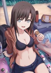  2girls :d arm_support backpack bad_id bad_twitter_id bag bang_dream! bikini bikini_top_only black_bikini black_hair blue_eyes blue_hair blurry blurry_background breasts brown_jacket cleavage closed_eyes collarbone commentary_request crepe day denim denim_shorts depth_of_field drawstring food groin hair_ornament hairclip hand_up highres holding holding_food hood hood_down hooded_jacket jacket light_blue_hair long_hair long_sleeves looking_at_viewer lotion_bottle lying medium_breasts michelle_(bang_dream!) multiple_girls narafume navel okusawa_misaki on_stomach open_clothes open_jacket open_mouth outdoors parted_lips short_shorts shorts sitting smile stomach swimsuit umbrella 