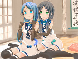  2girls black_gloves black_hair black_thighhighs blue_eyes blue_hair commentary_request elbow_gloves gloves green_eyes hair_ribbon kantai_collection long_hair low_twintails matching_outfits multiple_girls onasuba ribbon sailor_collar samidare_(kancolle) school_uniform serafuku skirt suzukaze_(kancolle) thighhighs tickling tickling_breasts tickling_sides translated twintails wavy_mouth zettai_ryouiki 