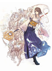  bahamut_(final_fantasy) blue_eyes brown_hair commentary_request detached_sleeves female final_fantasy final_fantasy_x green_eyes hakama hakama_skirt heterochromia highres holding holding_wand ifrit_(final_fantasy) ixion japanese_clothes jewelry kllsiren necklace photoshop_(medium) print_hakama purple_hakama shiva_(final_fantasy) short_hair skirt staff staff_(ff10) valefor wand white_background yojimbo_(final_fantasy) yuna_(ff10) 