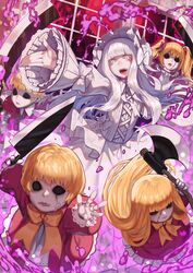  5girls axe blunt_bangs bow closed_mouth commentary_request doku-chan_(dokkudokudoku) doll doll_joints dress fantasy gothic_lolita hair_ribbon highres holding holding_axe holding_knife hollow_eyes joints kitchen_knife knife lips lolita_fashion long_hair long_sleeves multiple_girls neck_ribbon open_mouth orange_ribbon original photoshop_(medium) red_dress red_ribbon ribbon santoku_knife solo_focus stick stitched_mouth stitches teeth tongue tongue_out twintails very_long_hair white_bow white_dress white_eyes white_headdress 