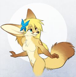  2018 accessory anthro aseethe blonde_hair blue_eyes breasts butterfly_clip canid canine digital_media_(artwork) featureless_breasts female fennec_fox fox hair hair_accessory hairclip kaiyonato mammal nude simple_background solo true_fox whiskers 