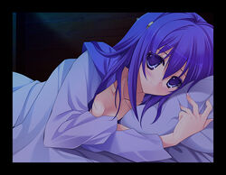  afterglow bad_id bad_pixiv_id bed blue_eyes blue_hair blush breasts cleavage collarbone dragon_quest dragon_quest_vi female head_on_pillow kumatora_tatsumi long_hair looking_at_viewer lying medium_breasts photoshop_(medium) pillow smile solo tania_(dq6) 