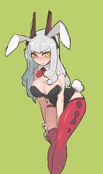  animal_ears blush breasts bunnysuit carmilla_(fate/grand_order) choker cleavage fate/grand_order fate_(series) female green_background grey_hair horns long_hair tail thighhighs yellow_eyes 