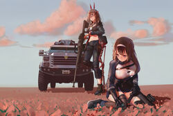  2girls absurdres animal_ears chinese_commentary commentary_request exoskeleton field flower girls&#039;_frontline ground_vehicle gun highres horse_ears jeep js_9_(girls&#039;_frontline) motor_vehicle multiple_girls qcw-05 shoes sneakers squatting sunset type_88_(girls&#039;_frontline) type_88_lmg weapon xiao_po_qie 