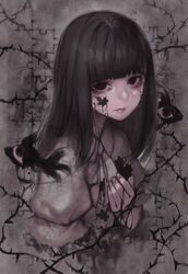  black_eyes black_hair closed_mouth commentary_request doku-chan_(dokkudokudoku) dress extra_eyes female glaring grey_dress highres jitome juliet_sleeves long_hair long_sleeves looking_at_viewer original photoshop_(medium) plant puffy_sleeves puzzle_piece solo thorns vines 