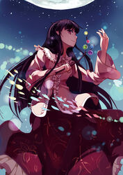  black_hair branch commentary_request female highres houraisan_kaguya jeweled_branch_of_hourai long_hair long_skirt luckyia moon photoshop_(medium) red_eyes skirt smile solo touhou very_long_hair 