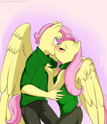  2012 anthro anthrofied blue_eyes blush closed_eyes clothing duo equid equine feathered_wings feathers female fluttershy_(mlp) friendship_is_magic hair hasbro hi_res kissing male mammal my_little_pony mythological_creature mythological_equine mythology nolycs pegasus pink_hair rule_63 sweater topwear wings 