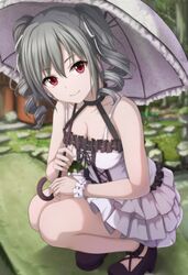  bad_id bad_twitter_id bare_arms bare_shoulders black_footwear black_ribbon blurry blurry_background breasts cleavage closed_mouth collarbone commentary_request cross-laced_clothes curly_hair depth_of_field dress female frilled_dress frills grass grey_hair hair_ribbon halterneck highres holding holding_umbrella idolmaster idolmaster_cinderella_girls kanzaki_ranko layered_dress long_hair looking_at_viewer mary_janes medium_breasts narafume outdoors pavement pleated_dress red_eyes ribbon ribbon_trim shoes sidelocks single_wrist_cuff smile solo squatting twintails umbrella white_dress white_ribbon wrist_cuffs 