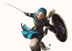  1boy belt commentary_request dragon_quest dragon_quest_vi grey_hair highres holding holding_shield holding_sword holding_weapon jun_(navigavi) male_focus shield simple_background solo standing sword terry_(dq6) unsheathed weapon white_background 