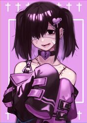  bandage_on_face bandages bare_shoulders black_choker black_eyes choker commentary_request cross doku-chan_(dokkudokudoku) eyepatch female hair_over_one_eye highres long_sleeves looking_at_viewer medical_eyepatch open_mouth original photoshop_(medium) purple_background solo stitches teeth twintails 