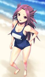  beach breasts cleavage commentary_request female hand_on_own_hip highres jun&#039;you_(kancolle) kantai_collection large_breasts light_smile long_hair muhi11234 one-piece_swimsuit outdoors purple_eyes purple_hair sand school_swimsuit solo swimsuit thighs very_long_hair 