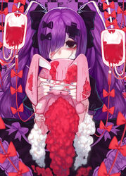  absurdres bandage_on_face bandages black_bow blood blood_bag blood_stain bow commentary_request doku-chan_(dokkudokudoku) eyepatch female hair_over_one_eye hairbow highres long_hair looking_at_viewer needle original photoshop_(medium) purple_bow purple_hair red_bow solo stuffed_animal stuffed_rabbit stuffed_toy twintails very_long_hair 