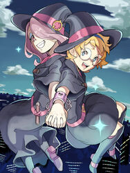  2girls bad_id bad_pixiv_id belt blue_eyes boots cityscape cloud cloudy_sky cuffs day dress freckles glasses grin hair_over_one_eye hairband handcuffs hat little_witch_academia long_hair looking_at_viewer lotte_jansson multiple_girls open_mouth orange_hair outdoors pale_skin red_eyes sharp_teeth short_hair sky skyline smile sucy_manbavaran teeth witch witch_hat zjz4s 