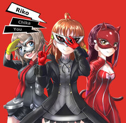  3girls amamiya_ren amamiya_ren_(cosplay) blue_eyes bodysuit brown_hair commentary_request cosplay gloves hair_ornament long_hair love_live! love_live!_sunshine!! mask multiple_girls orange_hair persona persona_5 red_background red_eyes red_hair sakamoto_ryuuji sakamoto_ryuuji_(cosplay) sakurauchi_riko short_hair smile takamaki_anne takamaki_anne_(cosplay) takami_chika watanabe_you yellow_eyes zen_cross 