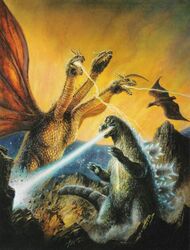  battle bob_eggleton dinosaur energy giant_monster glowing godzilla godzilla_(series) jupiter kaijuu king_ghidorah monster mutant planet planet-x rodan smoke space toho_(film_company) 