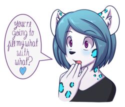  2018 absurd_res alpha_channel anthro black_nose blue_hair blush clothed clothing dialogue digital_media_(artwork) english_text felid foolish fur hair heart_symbol hi_res male mammal markings open_mouth pantherine purple_eyes shocked simple_background snow_leopard solo spots spotted_body spotted_fur text tongue transparent_background wastedtime white_body white_fur 