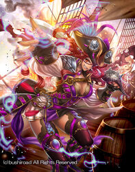  assault_command_carignan barrel braid breasts cardfight!!_vanguard cleavage coga commentary_request company_name dark-skinned_female dark_skin eyepatch feathers female fingerless_gloves fire gloves hat jewelry large_breasts long_hair nail_polish necklace oerba_yun_fang official_art orange_eyes photoshop_(medium) pirate_hat pointy_ears red_hair ship skull solo sword teeth thighhighs torn_clothes watercraft weapon 