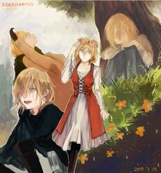  blonde_hair cape closed_eyes commentary_request dated dress female flower from_side grass hair_between_eyes highres jaw_titan krista_lenz looking_up messy_hair outdoors sad shingeki_no_kyojin sitting tears titan_(shingeki_no_kyojin) tree under_tree wreath ymir_(shingeki_no_kyojin) yume_(ymym_62) 