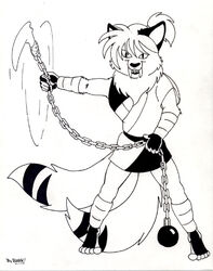  anthro bark!_(artist) better_version_at_source black_and_white black_markings chains fangs felid hair male mammal markings monochrome ponytail side_ponytail signature solo teeth weapon 